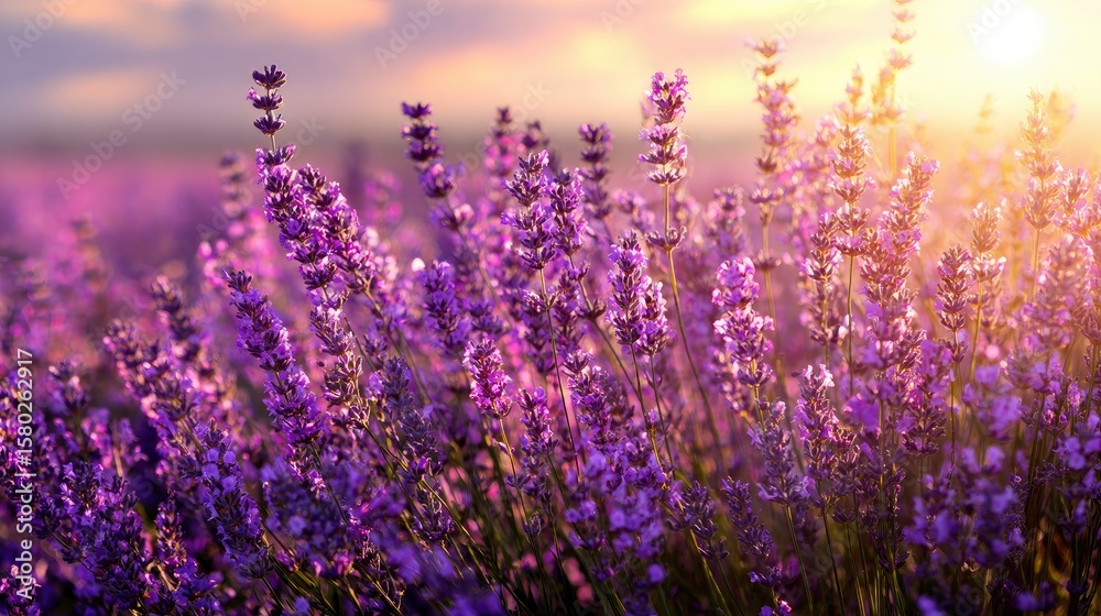 Fototapeta premium A field of lavender flowers under a golden sunlight