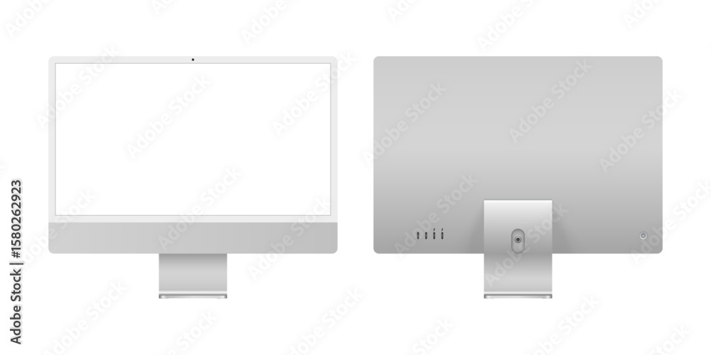 iMac 24 inch desktop monitor blank display mockup template, grey color front and back angle for advertisement. Realistic computer device vector illustration