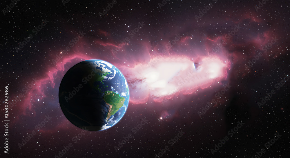 Obraz premium Earth in space illuminated by a nebula with brilliant stars background