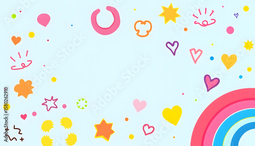 Bright and happy cartoon background with rainbows, flowers, and stars