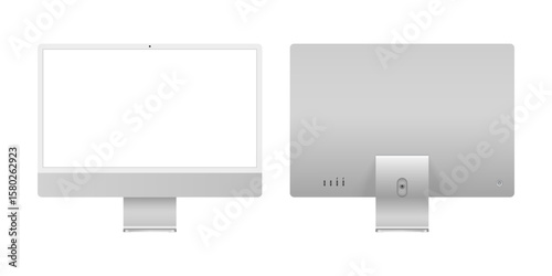 iMac 24 inch desktop monitor blank display mockup template, grey color front and back angle for advertisement. Realistic computer device vector illustration