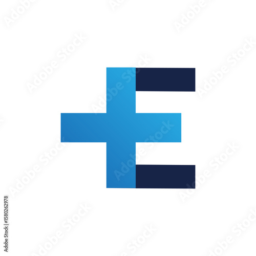  An abstract geometric logo featuring a blue plus sign seamlessly integrated with a letter "E," symbolizing health, progress, or expansion