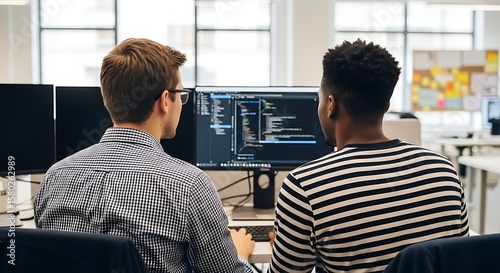 Two programmers collaborating on computer code in modern office