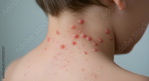Close up of a child's neck and upper back showing symptoms and spots of infectious molluscum contagiosum