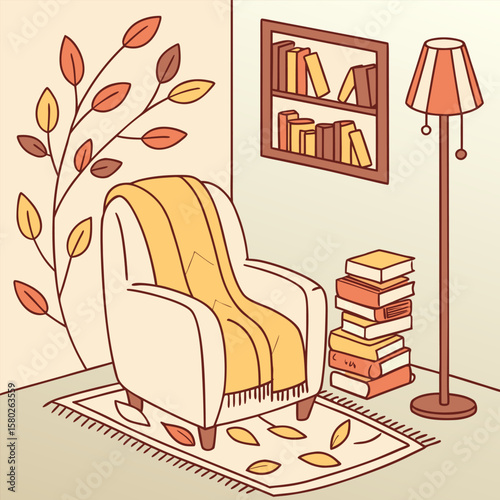 Cozy autumn scene with a comfortable armchair draped in a warm blanket a stack of books a floor lamp and decorative fall leaves on a rug