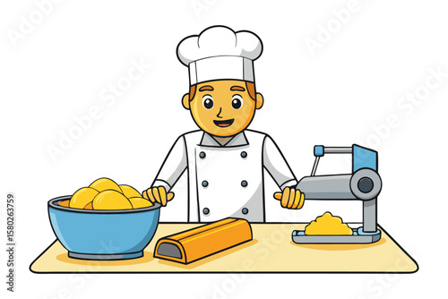 Smiling cartoon chef preparing food with a grater and a bowl of yellow ingredients on a table