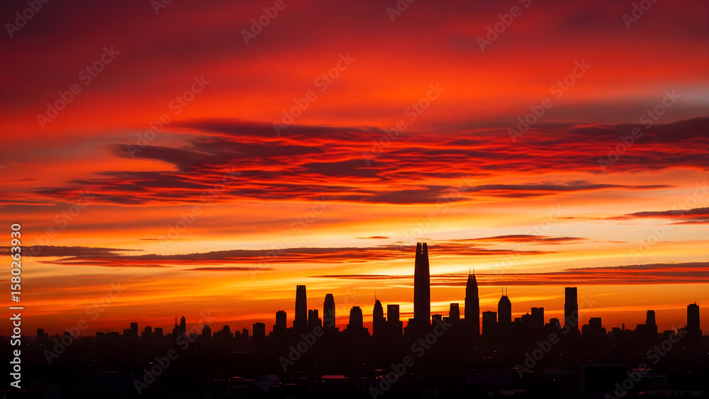 Naklejka premium Dramatic City Skyline at Sunset with Fiery Red Sky