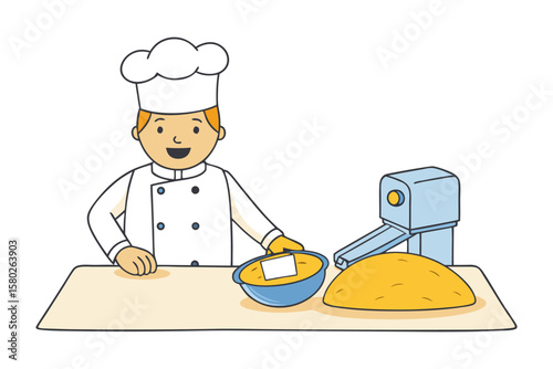 A cheerful cartoon chef in a white uniform and hat prepares ingredients on a table with a blue bowl and a mound of yellow substance