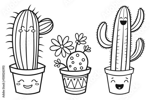 Black and white line drawing of three smiling potted cacti with cute faces and floral details, perfect for kids coloring books or botanical illustrations.