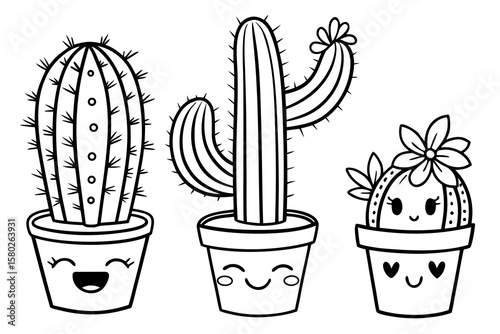 Black and white line drawing of three smiling potted cacti with cute faces and floral details, perfect for kids coloring books or botanical illustrations.