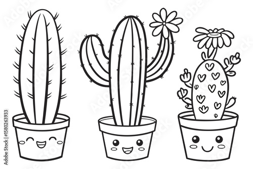 Black and white line drawing of three smiling potted cacti with cute faces and floral details, perfect for kids coloring books or botanical illustrations.
