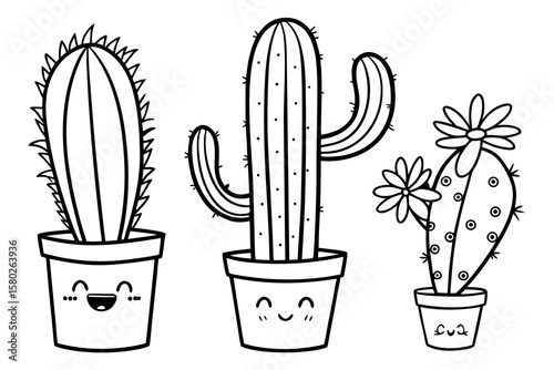 Black and white line drawing of three smiling potted cacti with cute faces and floral details, perfect for kids coloring books or botanical illustrations.