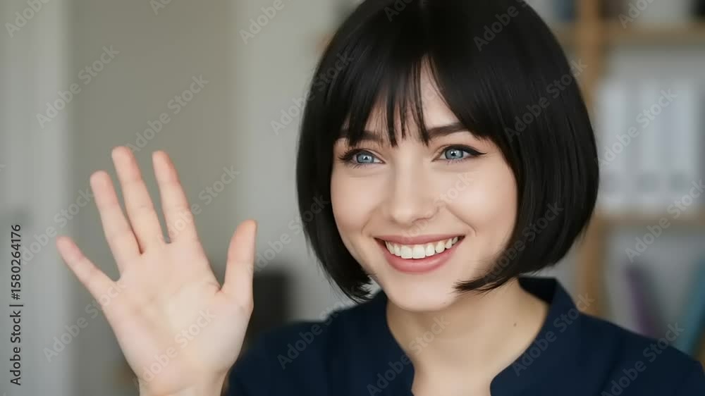 Woman with bob haircut smiling and waving hello. Woman with bob haircut smiling and waving hello.