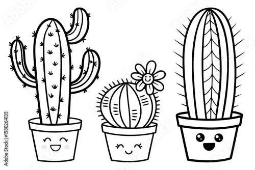 Black and white line drawing of three smiling potted cacti with cute faces and floral details, perfect for kids coloring books or botanical illustrations.