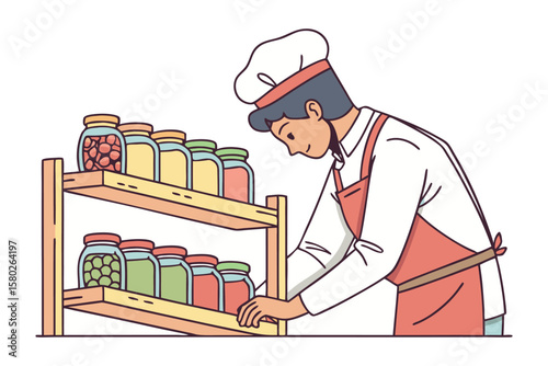 A chef wearing a white uniform and red apron carefully organizes jars of preserved food on a wooden shelf