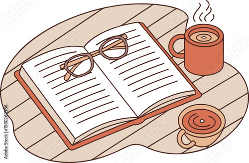 Cozy reading scene with an open book glasses and two cups of coffee on a wooden table perfect for relaxation and study