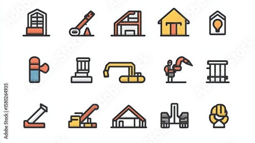 Set of construction industry icons featuring crane, workers, excavator, tools, and architectural elements