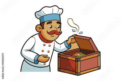 Friendly cartoon chef unveils a deliciously prepared meal in an open wooden chest