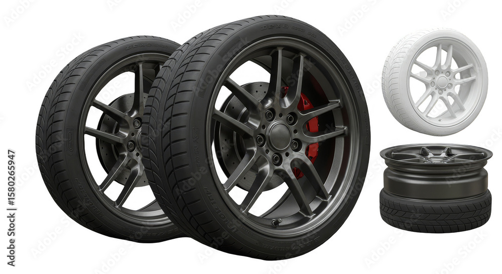 Obraz premium Isolated Wheel Set Shiny Black Tires Automotive Components