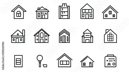 Set of House and Building Icons Representing Real Estate, Property Investment, and Architectural Design 
