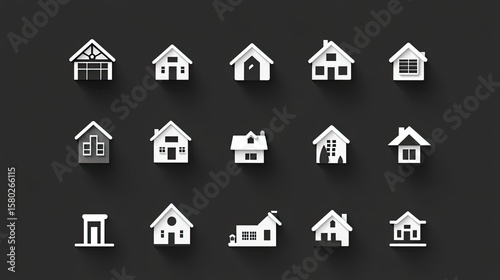 Set of House and Building Icons Representing Real Estate, Property Investment, and Architectural Design 