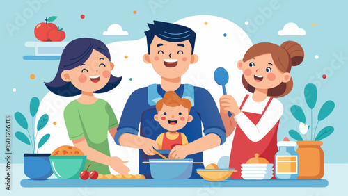 A family is cooking together in a kitchen. The man is holding a spoon and the woman is holding a baby. The baby is smiling and the family is happy