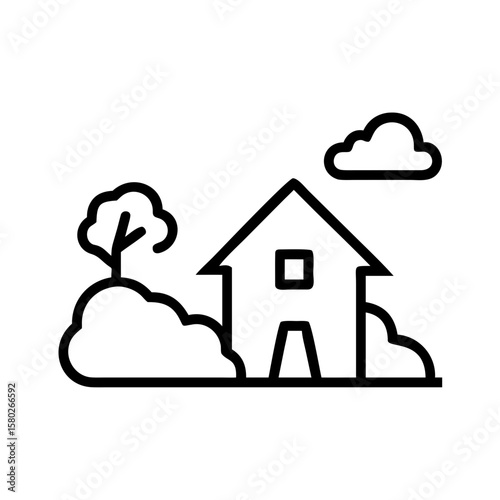 House with tree and clouds in minimalist icon style  