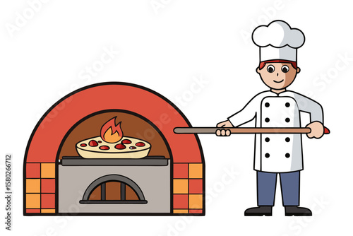 Smiling chef uses peel to place pizza into a fiery brick oven for baking deliciousness