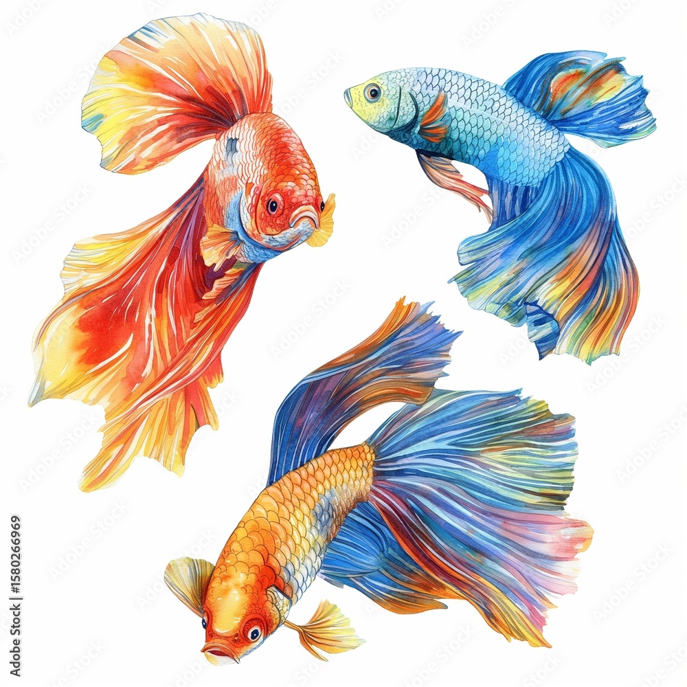 Fototapeta premium Colored fish painted with watercolors on a white background. Clip art, stickers.
