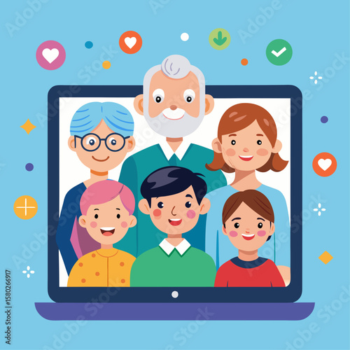 A family photo is displayed on a laptop screen. The family members are smiling and appear to be happy. Concept of warmth and togetherness, as if the family is sharing a special moment