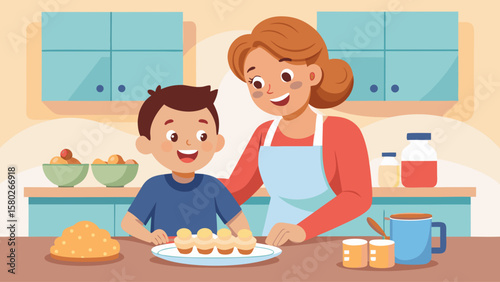 A woman and a boy are in a kitchen, making cupcakes. The boy is smiling and the woman is smiling back