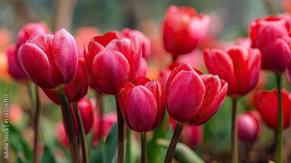 Fototapeta premium Closeup of vivid red tulips in a garden setting showcasing their smooth petals and dark stems