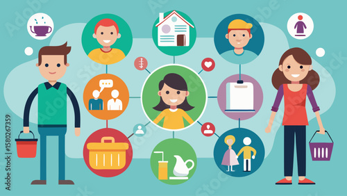 A group of people are smiling and standing around a house. The house is surrounded by various objects such as a clock, a cup, a book, and a backpack. Concept of community and togetherness