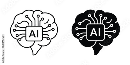 Modern Line Art AI Icon with Brain and Circuit Symbol, Minimalist Vector Design for Technology and Artificial Intelligence Applications