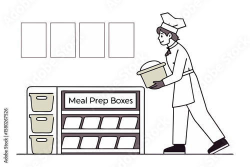 Chef preparing meals by organizing containers in a kitchen storage unit for meal prep