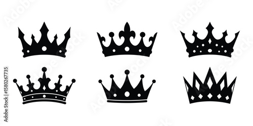 Minimalist black crown icon set with various royal designs, flat vector illustration for app and web design