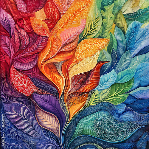  A sudden whirlwind midjourney pulling up rainbow-hued leaves in intricate shapes(1)