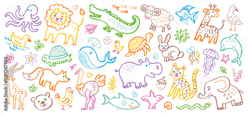 Kid animals. Cute vector crayon child animal icon. Children cute pattern. Baby crayon background. Kid pencil line art. Cartoon child icon illustration. School kindergarten jungle zoo doodle animals bg