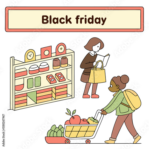 Two people shopping for groceries during a black friday sale one with a shopping cart full of produce and the other browsing items on a shelf