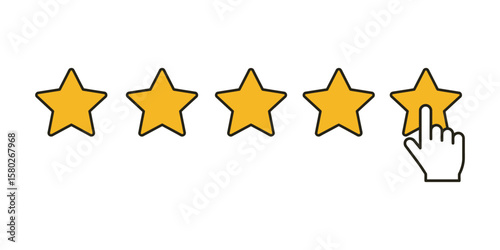 Minimalist rating icon with five stars and hand cursor, flat UI design for app and website