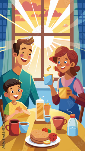 A family is sitting at a table with a variety of food and drinks. The man is smiling and the children are laughing. Scene is happy and cheerful