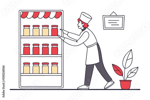 Chef arranging jars on a shelf in a market stall with decorative plants and a sign