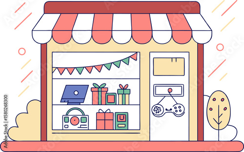 A charming flat design illustration of a store window displaying electronics gifts and a video game controller perfect for retail and entertainment themes