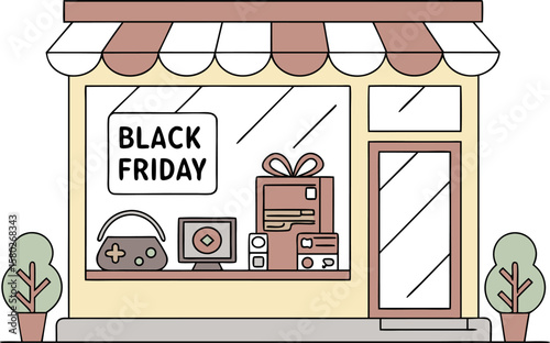 A charming flat design illustration of a retail store window displaying a black friday sale with gifts and electronics inviting shoppers to enter