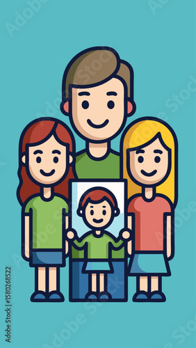A family of four is smiling and posing for a picture. The man is wearing a blue shirt and the woman is wearing a pink shirt. Concept of warmth and happiness