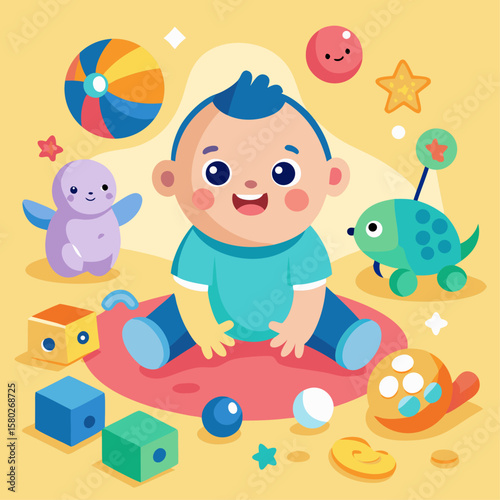 A cartoon baby is playing with toys on a red carpet. The baby is surrounded by a variety of toys, including a car, a ball, and a toy boat. Concept of playfulness and innocence
