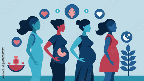 A pregnant woman stands between two children, one of whom is a baby. Concept of family and love, as well as the importance of nurturing and caring for children