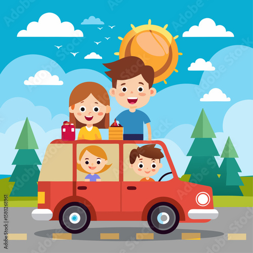 A family of four is riding in a red car on a sunny day. The children are smiling and the man is driving