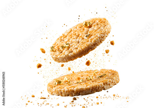 Isolated PNG Two Rice Cakes Falling on Black Background Food Photography
