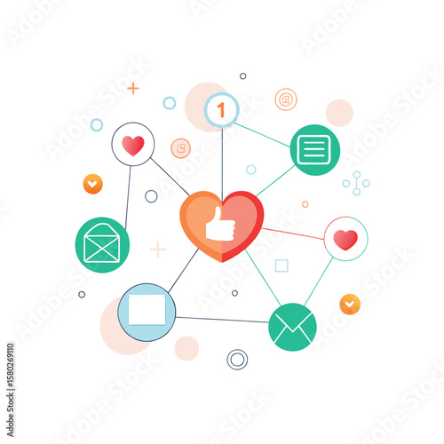 Social media icons connected in a network with a central thumbs up heart